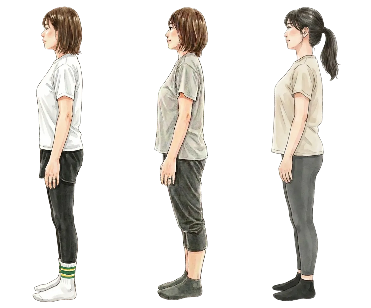 ピラティスウェアを着用して横向きに立つ女性のイラスト3点。左から、Tシャツにショートパンツとレギンス、中央はクロップドパンツ、右はロングレギンスを合わせた服装例。