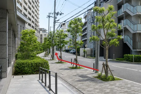 街路樹のあるマンション街の歩道。前進する方向を示す赤い矢印